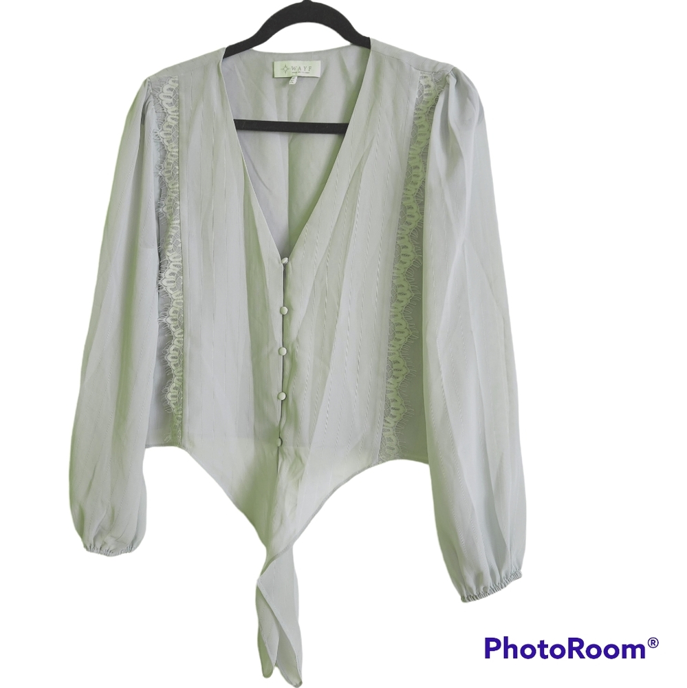 NWOT/Wayf Nordstrom Lace Trim Tie ButtonFront Long Sleeve Blouse/ Size Medium - Picture 3 of 5
